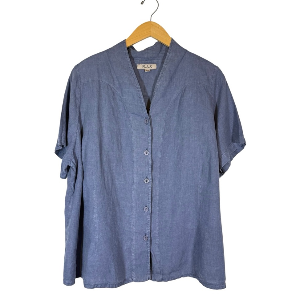 Flax Button Down Shirt Womens Plus Sz 1G Short Sleeve 100% Linen Boxy Blue Boho